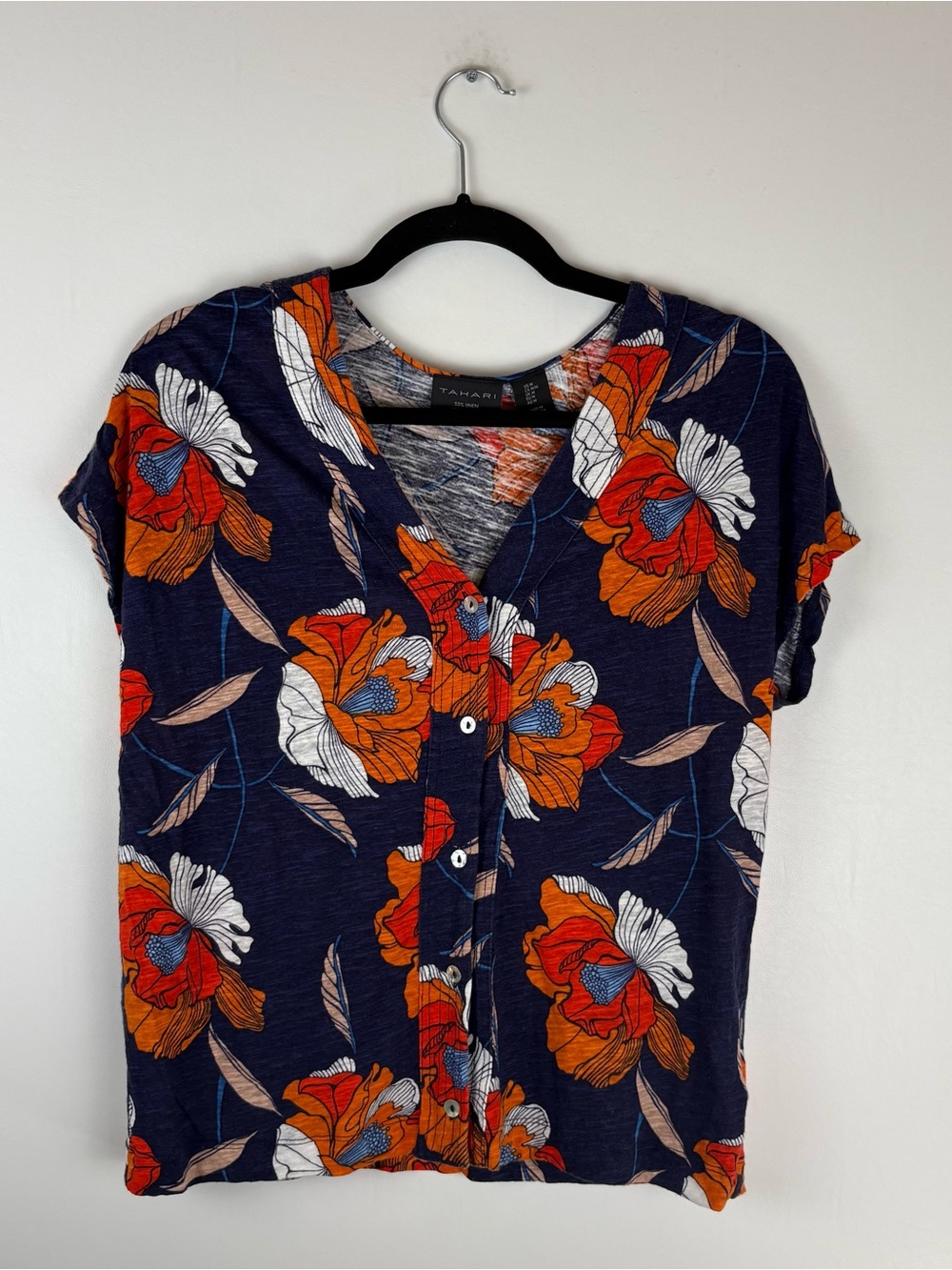 Tahari Womens Medium Button Blouse Top Linen Lyocell Short Sleeves V Neck Blue